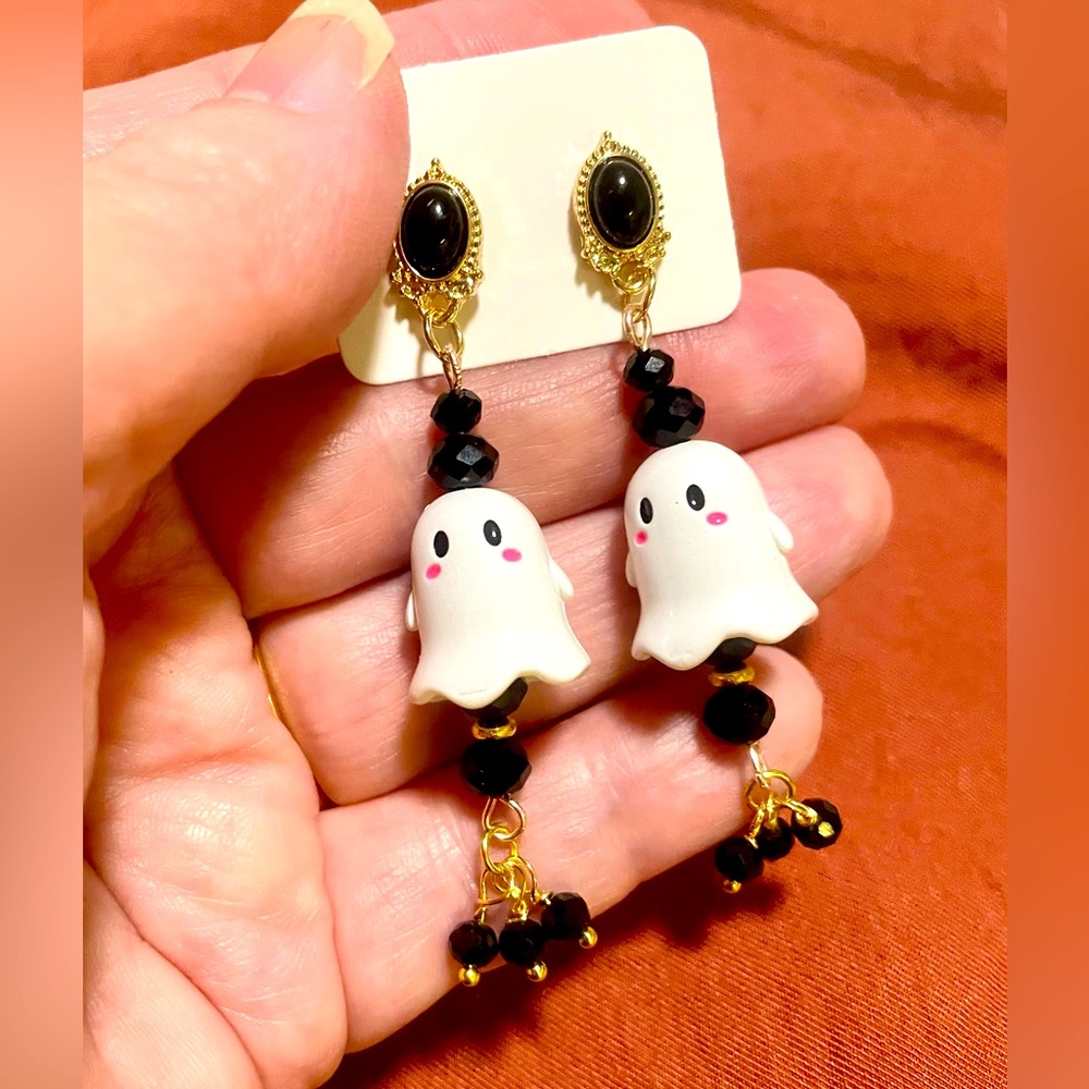 Charming Ghost Earrings with Black and Gold Accents